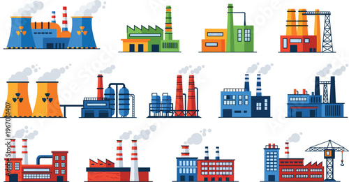 Industrial factory and power plant icons set, manufacturing buildings, nuclear energy stations, refinery facilities, urban industry infrastructure flat vector illustration collection