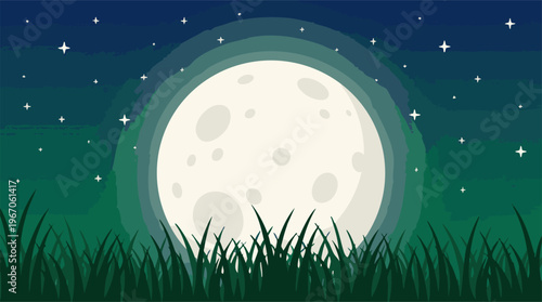 Peaceful night landscape with glowing full moon, starry sky, and grass