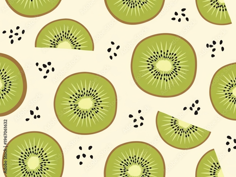 Fototapeta premium Vibrant pattern of sliced kiwi fruit and black seeds on a cream background