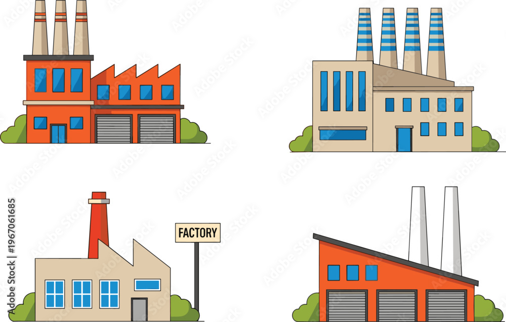 Obraz premium Industrial factory buildings flat vector set, manufacturing plants with chimneys, production facilities, urban industry infrastructure, engineering and power generation illustration collection