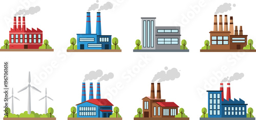 Industrial factory buildings and wind turbines flat vector set, manufacturing plants, power stations, urban industry infrastructure, energy production illustration collection