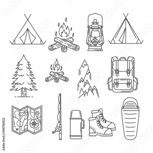 Camping gear outline icons with sleeping bag
