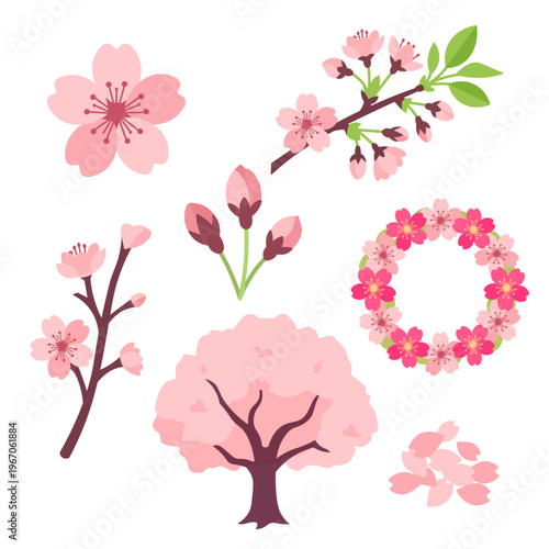  Japanese Sakura Cherry Blossom Floral Vector Illustration Set