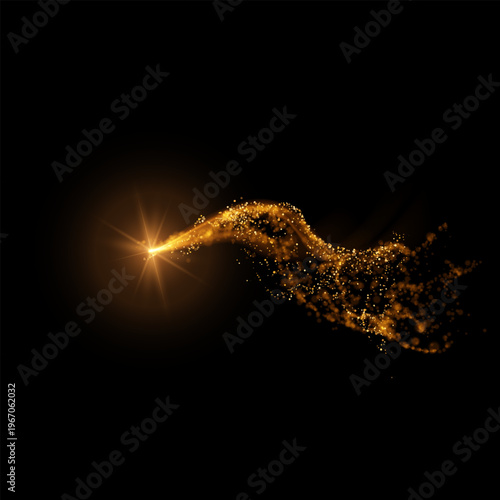 Shooting star with glittering dust and wavy sparkles trace trail, vector golden fireball flash with shimmery glow motion