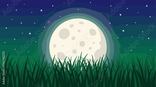 Bright full moon illuminating a starry night sky above green grass
