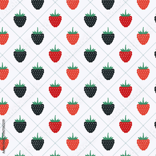 Minimalist pattern of red raspberries and dark blue blackberries in a double row in tile design on a white background.