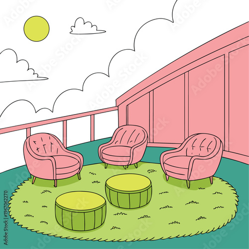 Vibrant Rooftop Lounge with Pastel Pink Armchairs and Lime Green Poufs ? Modern Outdoor Design.