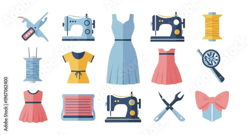 Vector illustration of set of sewing and tailoring equipment and clothing items on transparence background