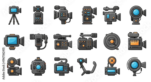 Vector illustration of set of various professional video cameras and camcorders icons on transparence background