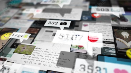 Layered collage of blurred screens and notifications with counters and icons, visualizing social media overload, constant engagement and the overwhelming flow of digital content.