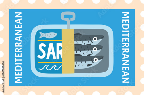 Postage stamp with an open can of sardines and the inscription "Mediterranean."