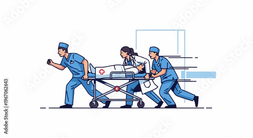 Medical team rushes patient on gurney, conveying urgency in a hospital setting