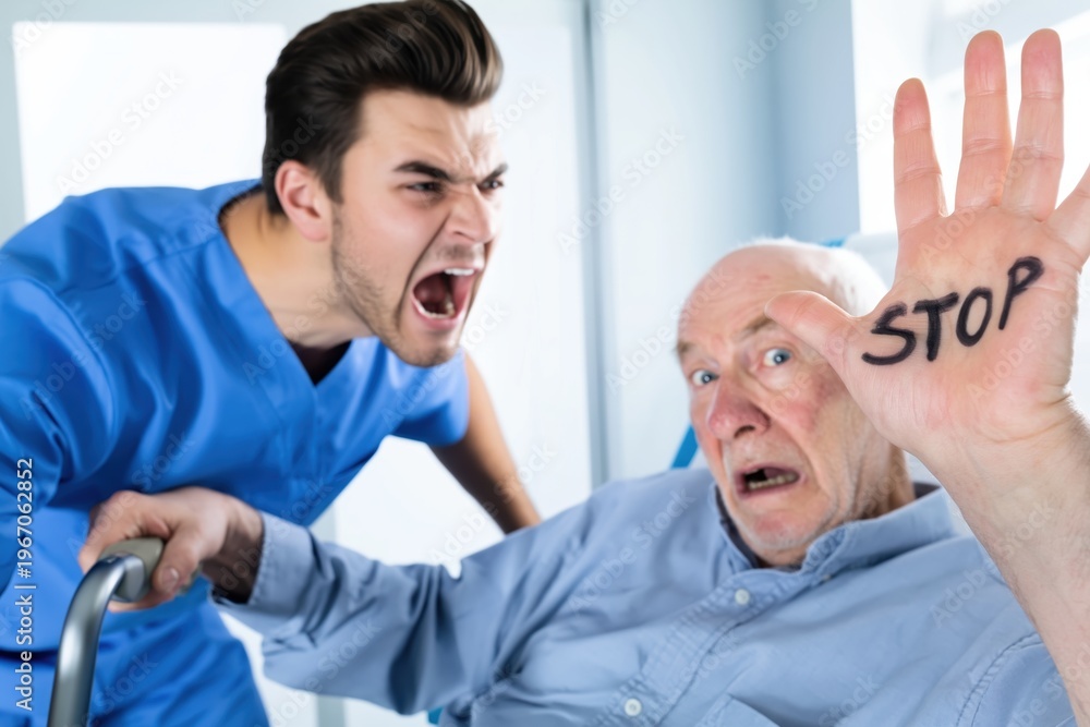 Obraz premium Frightened Senior Man Shows STOP Hand to Aggressive Male Caregiver