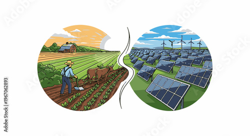 Juxtaposed images farmer with oxen in field and modern solar farm with wind turbines