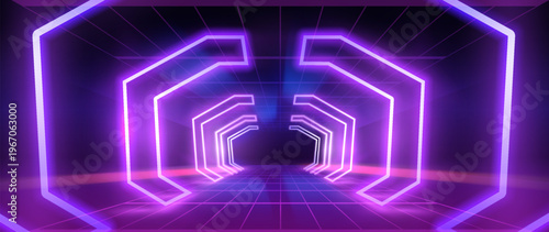 Abstract futuristic background with neon purple glowing lines and grid.