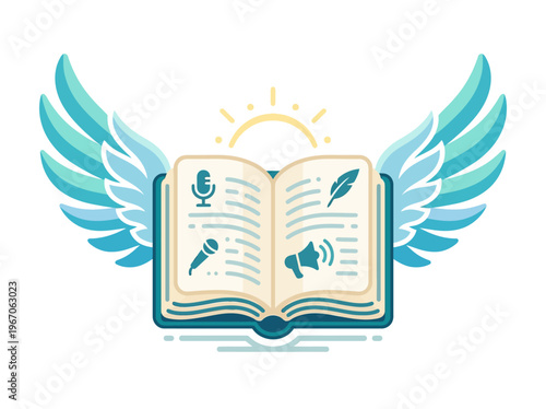 Flat vector illustration: winged open book with communication icons, symbolizing knowledge, education, and creativity.