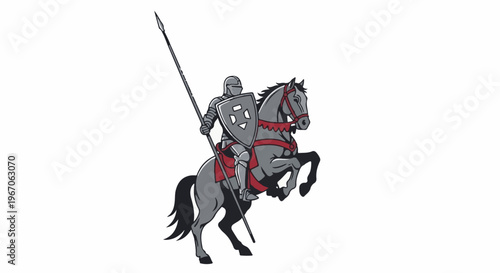 Knight in armor on rearing horse with lance and shield