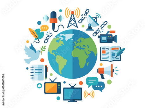 Flat vector concept: Global media and communication, illustrating worldwide information flow with news, broadcasting, and freedom icons.