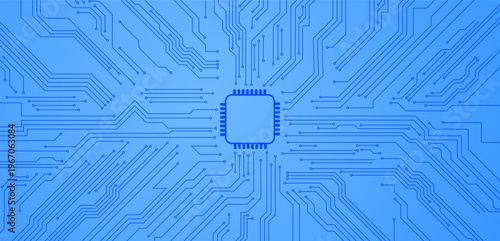 Circuit board with square chip core, circuit lines and dots connected, central computer processor CPU vector background