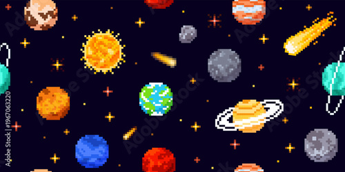 A seamless pixel space background with colorful planets, the sun, the moon, asteroids, and stars.