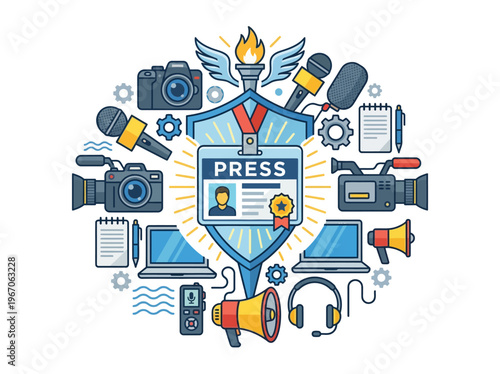 Flat vector graphic illustrating a press badge at the core of media tools, representing journalism, communication, and news reporting.