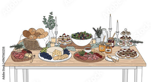 Elegant Charcuterie Board and Appetizer Spread on Wooden Table