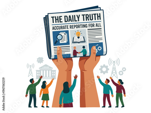 Diverse community reaching for a large newspaper held by hands, symbolizing the pursuit of truth, knowledge, and accurate reporting for all.