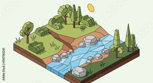 Cross section of a river valley with trees and rocks.
