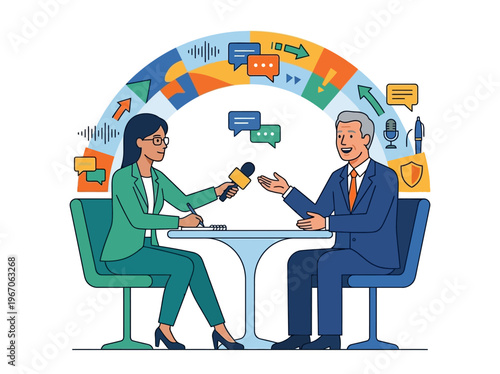 Flat vector illustration of a journalist interviewing an executive, symbolizing media communication, public relations, and information exchange.