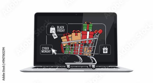 Laptop screen displays a shopping cart full of gifts