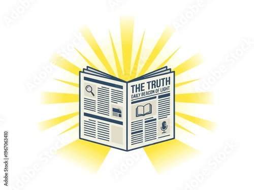 Flat vector graphic of an open newspaper emitting light, symbolizing truth, knowledge, and information revealed by media.