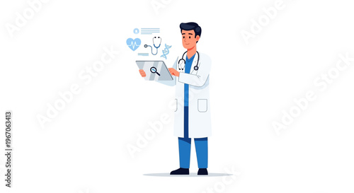 Doctor using tablet with medical data and futuristic interface