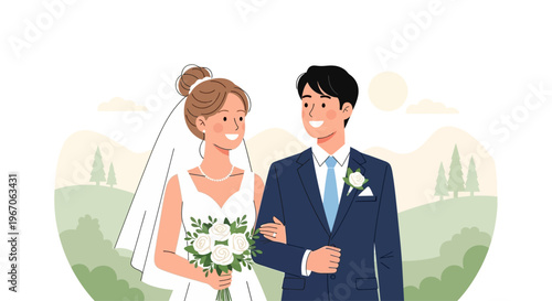 Happy bride and groom walking together in a scenic outdoor setting, celebrating wedding day