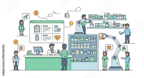 Pharmacy Automation: Robot, Pharmacist, Patient, Medicine, Technology, Healthcare