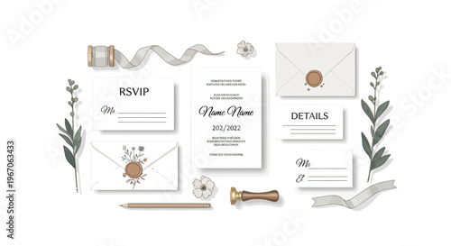 Elegant Wedding Invitation Suite Flat Lay with RSVP, Details Cards, Envelopes & Wax Seals