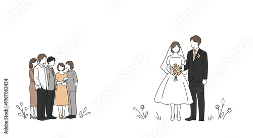 Minimalist wedding illustration: couple with bouquet, guests, simple line art, white background