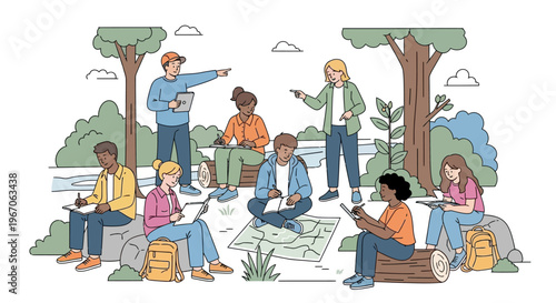 Diverse group of students learning outdoors in a park, studying nature and maps.