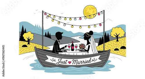 Romantic Wedding Couple in Boat on River Under Moonlit Sky with String Lights