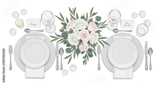 Elegant Wedding Table Setting with Floral Centerpiece and Place Cards, Top View