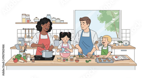 Happy Family Cooking Together in a Bright Kitchen
