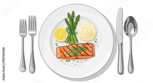 Gourmet Salmon Dinner with Asparagus and Mashed Potatoes, Elegant Table Setting
