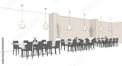 Modern Dining Room Setup with Long Tables and Pendant Lights