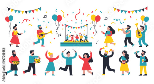 Diverse group celebrating a lively festival with music, dancing, and confetti
