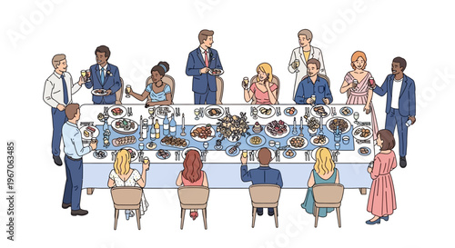 Diverse people celebrating at a long banquet table, wedding reception illustration