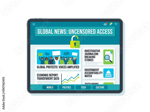 Digital screen displaying global uncensored news, investigative journalism, protests, and economic reports, symbolizing information freedom.