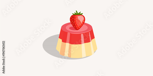 Delicious layered strawberry pudding dessert with fresh strawberry topping, flat vector illustration isolated on white.