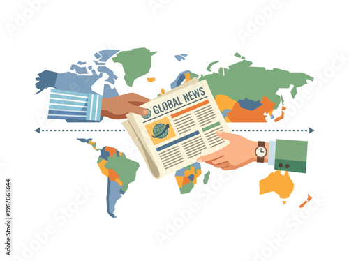 Flat vector illustration of hands exchanging a newspaper with 'Global News' across a world map.