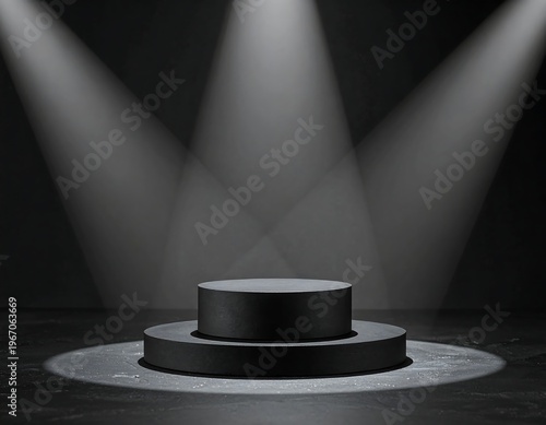 A grayscale, simple backdrop featuring a dual-tiered, circular pedestal illuminated by three spotlights, creating dramatic shadows