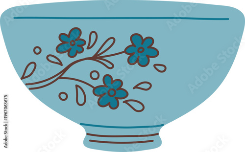 Elegant traditional Asian bowl, vector vintage oriental blue porcelain tableware art, antique pottery with flower branch