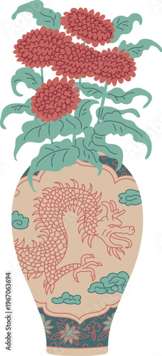 An oriental vase with a dragon and blue clouds, containing red chrysanthemums with green leaves
